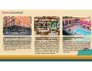 GO TO CONTENTS
SOME EXAMPLES
LA MERCERIE (NEW YORK CITY)
The café’s outdoor dining features life-size
“flower boxes” to safely divide diners.
French-inspired pastries and cocktails are
in perfect pitch with indigo blue exterior
walls, and decorative columns, paired with
woven bistro chairs.
WOLFGANG PUCK AT HOTEL BEL-
AIR (BEVERLY HILLS, CALIFORNIA)
Blessed with year-round sunshine,
this eatery rarely shutters its outdoor
seating, snug in a lush garden setting
and riffing on. Seating under the
pergola bypasses casual for refined
booths in a milk-chocolate hue and
cane-back armchairs, under the glow
of lattice-tubed pendant lighting.
WHITE LIMOZEEN (NASHVILLE,
TENNESSEE)
This translates into ’60s-inspired florals and
magenta hues, along with fringed umbrellas
and pin-striped sofas. Petal pink walls with
gold trim in the rooftop bar’s inside portion
are paired with magenta velvet ottomans,
pink-and-white tartan-print armchairs, and
Asian rugs.
 