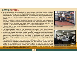 GO TO CONTENTS
• A critical decision to be made early in the design process: Should the waitstaff come into
the kitchen to pick up food, or should it be handed to them through a pass window
between kitchen and dining area? Although the pass window is considered informal, it
can be used in a fancier restaurant, perhaps masked from public view by a wall or
partition.
• Each of these items—distance and kitchen access—helps determine your flow patterns.
In a perfect world, flow patterns would all be straight lines that do not intersect. However,
this ideal is rarely achieved. One simple rule of thumb is that the faster you want your
service to be, the more important it is that your flow patterns do not cross.
• Food flow line: the path of raw materials from the time they enter the building to the time
they become leftovers.
• The receiving area is where the food is unloaded from delivery trucks and brought into
the building. Most restaurants locate their receiving areas close to the back door.
• Storage—dry storage, refrigerated storage, or freezer storage—where large quantities of
food are held at the proper temperatures until needed. Food that emerges from storage
goes to one of several preparation, or prep, areas for vegetables, meats, or salad items.
Slicing and dicing take place here, to prepare the food for its next stop: the production
area.
• The size and function of the prep area varies widely, depending mostly on the style of
service and type of kitchen. When most people think of a restaurant kitchen, what they
imagine is the production line. Here the food is given its final form prior to serving:
Boiling, sauteing, frying, baking, broiling, and steaming are the major activities of this
area. The food is plated and garnished before it heads out the door on a serving tray.
And that’s the end of the typical food flow line.
SERVICE SYSTEM
STORAGE AREA
WORKING STAFF IN KITCHEN
 