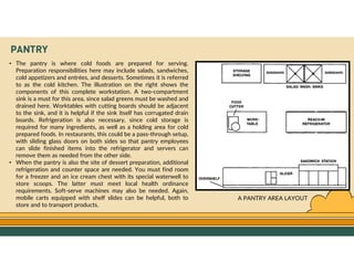 GO TO CONTENTS
PANTRY
• The pantry is where cold foods are prepared for serving.
Preparation responsibilities here may include salads, sandwiches,
cold appetizers and entrées, and desserts. Sometimes it is referred
to as the cold kitchen. The illustration on the right shows the
components of this complete workstation. A two-compartment
sink is a must for this area, since salad greens must be washed and
drained here. Worktables with cutting boards should be adjacent
to the sink, and it is helpful if the sink itself has corrugated drain
boards. Refrigeration is also necessary, since cold storage is
required for many ingredients, as well as a holding area for cold
prepared foods. In restaurants, this could be a pass-through setup,
with sliding glass doors on both sides so that pantry employees
can slide finished items into the refrigerator and servers can
remove them as needed from the other side.
• When the pantry is also the site of dessert preparation, additional
refrigeration and counter space are needed. You must find room
for a freezer and an ice cream chest with its special waterwell to
store scoops. The latter must meet local health ordinance
requirements. Soft-serve machines may also be needed. Again,
mobile carts equipped with shelf slides can be helpful, both to
store and to transport products.
A PANTRY AREA LAYOUT
 