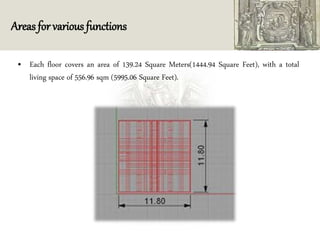 Areas for various functions
• Each floor covers an area of 139.24 Square Meters(1444.94 Square Feet), with a total
living space of 556.96 sqm (5995.06 Square Feet).
 