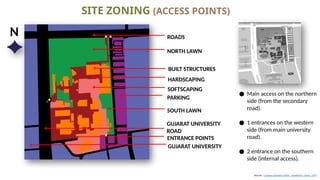 Sources - Campus Expansion Plans - Academics - Event - CEPT
ROADS
NORTH LAWN
BUILT STRUCTURES
HARDSCAPING
SOFTSCAPING
SOUTH LAWN
GUJARAT UNIVERSITY
ROAD
GUJARAT UNIVERSITY
PARKING
ENTRANCE POINTS
SITE ZONING (ACCESS POINTS)
● Main access on the northern
side (from the secondary
road).
● 1 entrances on the western
side (from main university
road).
● 2 entrance on the southern
side (internal access).
N
 