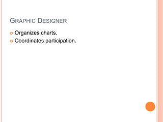GRAPHIC DESIGNER
 Organizes charts.
 Coordinates participation.
 