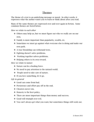 Theme And Message Examples Literature circle materials | DOC