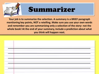 Summarizer
 Your job is to summarize the selection. A summary is a BRIEF paragraph
mentioning key points, NOT a retelling. Make sure you use your own words
and remember you are summarizing only a selection of the story- not the
whole book! At the end of your summary, include a prediction about what
                       you think will happen next.




 __________________________________________________
 ____________________________________________________________
 ____________________________________________________________
 ____________________________________________________________
 ____________________________________________________________
 