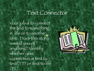 Text Connector
Your job is to connect
the text to something
in life or to another
text. Does this story
remind you of
anything? Identify
whether your
connection is text to
text(TT) or text to life
(TL).
 