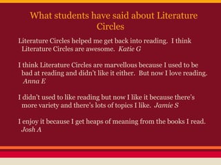 What students have said about Literature
Circles
Literature Circles helped me get back into reading. I think
Literature Circles are awesome. Katie G
I think Literature Circles are marvellous because I used to be
bad at reading and didn’t like it either. But now I love reading.
Anna E
I didn’t used to like reading but now I like it because there’s
more variety and there’s lots of topics I like. Jamie S
I enjoy it because I get heaps of meaning from the books I read.
Josh A

 
