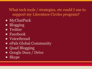 What tech tools / strategies, etc could I use to
support my Literature Circles program?

• MyChatPack
• Blogging
• Twitter
• Facebook
• Voicethread
• ePals Global Community
• Quad Blogging
• Google Docs / Drive
• Skype

 