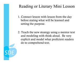 Reading or Literary Mini Lesson

1. Connect lesson with lesson from the day
   before stating what will be learned and
   setting the purpose.

2. Teach the new strategy using a mentor text
   and modeling with think aloud.  Be very
   explicit and model what proficient readers
   do to comprehend text.
 