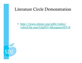 Literature Circle Demonstration


 •  http://www.ohiorc.org/adlit/video/
    videoClip.aspx?clipID=3&segmentID=8
 