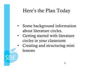 Here’s the Plan Today

•  Some background information
   about literature circles.
•  Getting started with literature
   circles in your classroom
•  Creating and structuring mini
   lessons

                           3
 