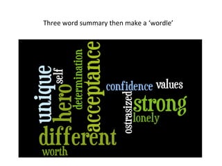 Three word summary then make a ‘wordle’
 