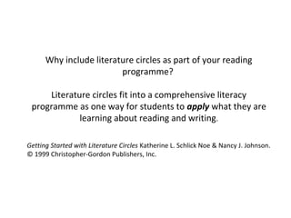 Why include literature circles as part of your reading
programme?
Literature circles fit into a comprehensive literacy
programme as one way for students to apply what they are
learning about reading and writing.
Getting Started with Literature Circles Katherine L. Schlick Noe & Nancy J. Johnson.
© 1999 Christopher-Gordon Publishers, Inc.
 