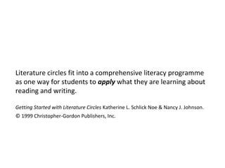 Literature circles fit into a comprehensive literacy programme
as one way for students to apply what they are learning about
reading and writing.
Getting Started with Literature Circles Katherine L. Schlick Noe & Nancy J. Johnson.
© 1999 Christopher-Gordon Publishers, Inc.
 