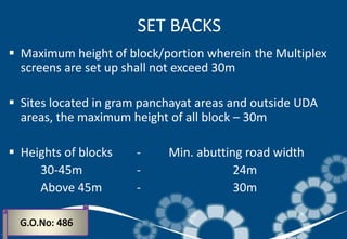 SET BACKS
 Maximum height of block/portion wherein the Multiplex
screens are set up shall not exceed 30m
 Sites located in gram panchayat areas and outside UDA
areas, the maximum height of all block – 30m
 Heights of blocks - Min. abutting road width
30-45m - 24m
Above 45m - 30m
 