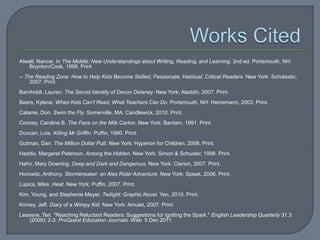 Atwell, Nancie. In The Middle: New Understandings about Writing, Reading, and Learning. 2nd ed. Portsmouth, NH:
   Boynton/Cook, 1998. Print
-- The Reading Zone: How to Help Kids Become Skilled, Passionate, Habitual, Critical Readers. New York: Scholastic,
     2007. Print.
Barnholdt, Lauren. The Secret Identity of Devon Delaney. New York: Aladdin, 2007. Print.
Beers, Kylene. When Kids Can't Read, What Teachers Can Do. Portsmouth, NH: Heinemann, 2003. Print.
Calame, Don. Swim the Fly. Somerville, MA: Candlewick, 2010. Print.
Cooney, Caroline B. The Face on the Milk Carton. New York: Bantam, 1991. Print.
Duncan, Lois. Killing Mr Griffin. Puffin, 1990. Print.
Gutman, Dan. The Million Dollar Putt. New York: Hyperion for Children, 2006. Print.
Haddix, Margaret Peterson. Among the Hidden. New York: Simon & Schuster, 1998. Print.
Hahn, Mary Downing. Deep and Dark and Dangerous. New York: Clarion, 2007. Print.
Horowitz, Anthony. Stormbreaker: an Alex Rider Adventure. New York: Speak, 2006. Print.
Lupica, Mike. Heat. New York: Puffin, 2007. Print.
Kim, Young, and Stephenie Meyer. Twilight: Graphic Novel. Yen, 2010. Print.
Kinney, Jeff. Diary of a Wimpy Kid. New York: Amulet, 2007. Print.
Lesesne, Teri. "Reaching Reluctant Readers: Suggestions for Igniting the Spark." English Leadership Quarterly 31.3
    (2009): 2-3. ProQuest Education Journals. Web. 5 Dec 2011.
 