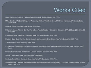 Meng, Cece, and Joy Ang. I Will Not Read This Book. Boston: Clarion, 2011. Print.

Miller, Donalyn. The Book Whisperer: Awakening the Inner Reader in Every Child. San Francisco, CA: Jossey-Bass,
     2009. Print.

Myracle, Lauren. Ttyl. New York: Amulet, 2006. Print.

Patterson, James. "How to Get Your Kid to Be a Fanatic Reader - CNN.com." CNN.com. CNN, 28 Sept. 2011. Web. 05
    Dec 2011.

-- Maximum Ride: the Angel Experiment. New York: Little, Brown, 2007. Print.

Paulsen, Gary. Guts: the True Stories behind Hatchet and the Brian Books. New York: Delacorte, 2001. Print.

-- Hatchet. New York: Bradbury, 1987. Print.

-- How Angel Peterson Got His Name: and Other Outrageous Tales about Extreme Sports. New York: Yearling, 2003.
    Print.

Russell, Rachel Renee. Dork Diaries. London: Simon & Schuster, 2010. Print.

Sachar, Louis. Holes. New York: Scholastic, 1998. Print.

Smith, Jeff, and Steve Hamaker. Bone. New York, NY: Scholastic, 2006. Print.

Snowball, Clare. "Teenage Reluctant Readers and Graphic Novels." YALS (2005): 43-45. ProQuest Education Journals.
   Web. 3 Dec 2011.
 
