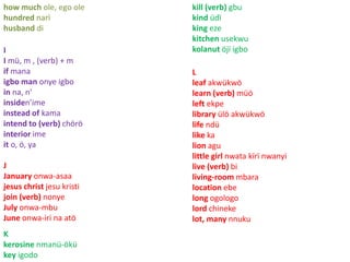 how much ole, ego ole 
hundred narï 
husband di 
I 
I mü, m , (verb) + m 
if mana 
igbo man onye igbo 
in na, n’ 
insiden’ime 
instead of kama 
intend to (verb) chörö 
interior ime 
it o, ö, ya 
J 
January onwa-asaa 
jesus christ jesu kristi 
join (verb) nonye 
July onwa-mbu 
June onwa-iri na atö 
kill (verb) gbu 
kind üdï 
king eze 
kitchen usekwu 
kolanut öjï igbo 
K 
kerosine nmanü-ökü 
key igodo 
L 
leaf akwükwö 
learn (verb) müö 
left ekpe 
library ülö akwükwö 
life ndü 
like ka 
lion agu 
little girl nwata kïrï nwanyi 
live (verb) bi 
living-room mbara 
location ebe 
long ogologo 
lord chineke 
lot, many nnuku 
 