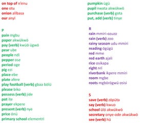 on top of n’enu 
one otu 
onion alïbasa 
our anyï 
pumpkin ügü 
pupil nwata akwükwö 
purchase (verb) gota 
put, add (verb) tinye 
P 
pain mgbu 
paper akwükwö 
pay (verb) kwüö ügwö 
pear ube 
people ndï 
pepper ose 
period oge 
pig ezi 
place ebe 
plate afere 
play football (verb) gbaa bölü 
please biko 
possess (verb) jide 
pot ite 
prayer ekpere 
present (verb) nye 
price önü 
primary school elementrï 
R 
rain mmiri-ozuzo 
rain (verb) zoo 
rainy season udu mmiri 
reading ögügü 
red mme 
red earth ajali 
rice osikapa 
right nrï 
riverbank ikpere mmiri 
room mgbe 
roots mgbörögwü osisi 
S 
save (verb) zöpüta 
say (verb) kwuo 
school ülö akwükwö 
secretary onye-ode akwükwö 
see (verb) hü 
 