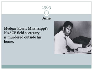1963
June
Medgar Evers, Mississippi’s
NAACP field secretary,
is murdered outside his
home.
 