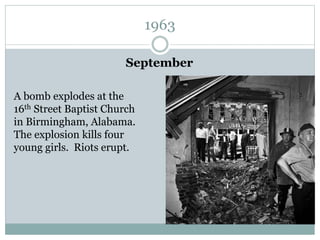 1963
September
A bomb explodes at the
16th Street Baptist Church
in Birmingham, Alabama.
The explosion kills four
young girls. Riots erupt.
 
