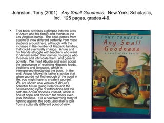 Johnston, Tony (2001). Any Small Goodness. New York: Scholastic,
                       Inc. 125 pages, grades 4-6.

•    This book provides a glimpse into the lives
     of Arturo and his family and friends in the
     Los Angeles barrio. The book comes from
     a point of view different certainly from most
     students around here, although with the
     increase in the number of Hispanic families,
     that could eventually change. Arturo and
     his friends struggle with teachers who want
     to “Americanize” their names, to gangs who
     threaten and intimidate them, and general
     poverty. We meet Abuela and learn about
     the importance of retaining Hispanic foods,
     traditions and language, which is
     interspersed throughout the book. In the
     end, Arturo follows his father’s advice that
     when you do not find enough of the good in
     life, you might have to create it yourself.
     We are shown one version of Arturo’s
     potential future (gang violence and the
     never-ending cycle of retribution) and the
     path the Arturo chooses instead, which is
     one of hope and concern for others even
     less fortunate. It is a heartwarming story of
     fighting against the odds, and also is told
     from a culturally different point of view.
 