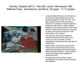 Krensky, Stephen (2011). Play Ball, Jackie! Minneapolis, MN:
Millbrook Press. Illustrated by Joe Morse, 30 pages. 1st- 3rd grades.

                                    •   10-yea old Matty Romana and his Dad are
                                        off to see the Opening Day game of the
                                        Brooklyn Dodgers on April 15, 1947. This
                                        also happens to be the day that Jackie
                                        Robinson, the Dodger’s new first baseman,
                                        breaks the color barrier in Major League
                                        Baseball. Can Jackie get them to the World
                                        Series? Will the fans accept him? How will
                                        he react to the pressures facing the first
                                        black player in the League?
                                    •   The book also discusses the plight of
                                        African Americans in other parts of the
                                        country, the Jim Crow laws, and the
                                        segregation and prejudice they dealt with on
                                        a daily basis.
                                    •   Matty’s father reminds him that when his
                                        father came to America from Italy, he too
                                        suffered discrimination because he looked,
                                        talked and acted different. He just wants to
                                        see the best players play baseball, no
                                        matter their color.
                                    •   Complete with Author’s Note , actual
                                        photographs and a listing of further reading
 
