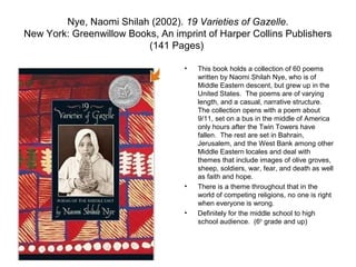 Nye, Naomi Shilah (2002). 19 Varieties of Gazelle.
New York: Greenwillow Books, An imprint of Harper Collins Publishers
                          (141 Pages)

                                   •   This book holds a collection of 60 poems
                                       written by Naomi Shilah Nye, who is of
                                       Middle Eastern descent, but grew up in the
                                       United States. The poems are of varying
                                       length, and a casual, narrative structure.
                                       The collection opens with a poem about
                                       9/11, set on a bus in the middle of America
                                       only hours after the Twin Towers have
                                       fallen. The rest are set in Bahrain,
                                       Jerusalem, and the West Bank among other
                                       Middle Eastern locales and deal with
                                       themes that include images of olive groves,
                                       sheep, soldiers, war, fear, and death as well
                                       as faith and hope.
                                   •   There is a theme throughout that in the
                                       world of competing religions, no one is right
                                       when everyone is wrong.
                                   •   Definitely for the middle school to high
                                       school audience. (6th grade and up)
 