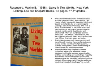 Rosenberg, Maxine B. (1986). Living in Two Worlds. New York:
  Lothrop, Lee and Shepard Books. 46 pages, 1st-4th grades.

                               •   The authors of this book also wrote books about
                                   adoption (Being Adopted), twins (Being a Twin,
                                   Having a Twin), people with disabilities (My Friend
                                   Leslie), and what it is like to be an immigrant,
                                   (Making a New Home in America). This book is
                                   about biracial children. It discusses races, how
                                   they came to be, and how as humans began to
                                   move all over the world, they blended and
                                   intermarried. There are four biracial children
                                   introduced: Toah, Megan, Jesse and Anil, who
                                   each have a Caucasian parent and one of another
                                   race: African American, Asian, and Indian.
                               •   The books discusses both the pros and cons of
                                   being biracial, including the cons of prejudice and
                                   teasing and the benefits of multiple customs,
                                   cultures, holidays and a better understanding of
                                   other cultures and sensitivity to others.
                               •   The books would help single race children
                                   understand a little more about how curious
                                   questions might make someone uncomfortable,
                                   and how name-calling can hurt feelings. Hopefully
                                   it would also help them to see the positive and
                                   interesting side and help open their thinking to how
                                   people’s differences are worth learning about and
                                   celebrating instead of ridiculing as “not normal”.
 