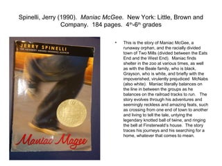 Spinelli, Jerry (1990). Maniac McGee. New York: Little, Brown and
                 Company. 184 pages. 4th-6th grades

                                 •   This is the story of Maniac McGee, a
                                     runaway orphan, and the racially divided
                                     town of Two Mills (divided between the Eats
                                     End and the West End). Maniac finds
                                     shelter in the zoo at various times, as well
                                     as with the Beale family, who is black,
                                     Grayson, who is white, and briefly with the
                                     impoverished, virulently prejudiced McNabs
                                     (also white). Maniac literally balances on
                                     the line in between the groups as he
                                     balances on the railroad tracks to run. The
                                     story evolves through his adventures and
                                     seemingly reckless and amazing feats, such
                                     as crossing from one end of town to another
                                     and living to tell the tale, untying the
                                     legendary knotted ball of twine, and ringing
                                     the bell at Finsterwald’s house. The story
                                     traces his journeys and his searching for a
                                     home, whatever that comes to mean.
 