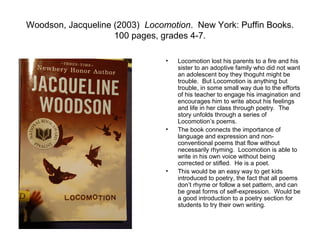 Woodson, Jacqueline (2003) Locomotion. New York: Puffin Books.
                    100 pages, grades 4-7.

                                •   Locomotion lost his parents to a fire and his
                                    sister to an adoptive family who did not want
                                    an adolescent boy they thoguht might be
                                    trouble. But Locomotion is anything but
                                    trouble, in some small way due to the efforts
                                    of his teacher to engage his imagination and
                                    encourages him to write about his feelings
                                    and life in her class through poetry. The
                                    story unfolds through a series of
                                    Locomotion’s poems.
                                •   The book connects the importance of
                                    language and expression and non-
                                    conventional poems that flow without
                                    necessarily rhyming. Locomotion is able to
                                    write in his own voice without being
                                    corrected or stifled. He is a poet.
                                •   This would be an easy way to get kids
                                    introduced to poetry, the fact that all poems
                                    don’t rhyme or follow a set pattern, and can
                                    be great forms of self-expression. Would be
                                    a good introduction to a poetry section for
                                    students to try their own writing.
 