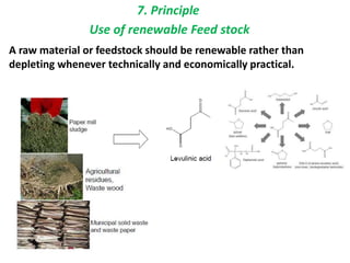 7. Principle
Use of renewable Feed stock
A raw material or feedstock should be renewable rather than
depleting whenever technically and economically practical.
 