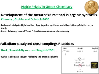 Noble Prizes in Green Chemistry
Ru based catalyst – Highly active , less steps for synthesis and all varieties sof olefin can be
used .
Green Solvents, normal T and P, less hazardous waste , Less energy
Development of the metathesis method in organic synthesis
Chauvin , Grubbs and Schrock-2005
Palladium-catalysed cross-couplings Reactions
Heck, Suzuki-Miyaura and Negishi-2001
Water is used as s solvent replacing the organic solvents
 