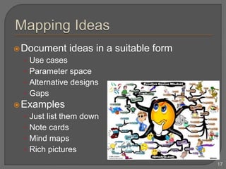 Document ideas in a suitable form
• Use cases
• Parameter space
• Alternative designs
• Gaps
Examples
• Just list them down
• Note cards
• Mind maps
• Rich pictures
17
 
