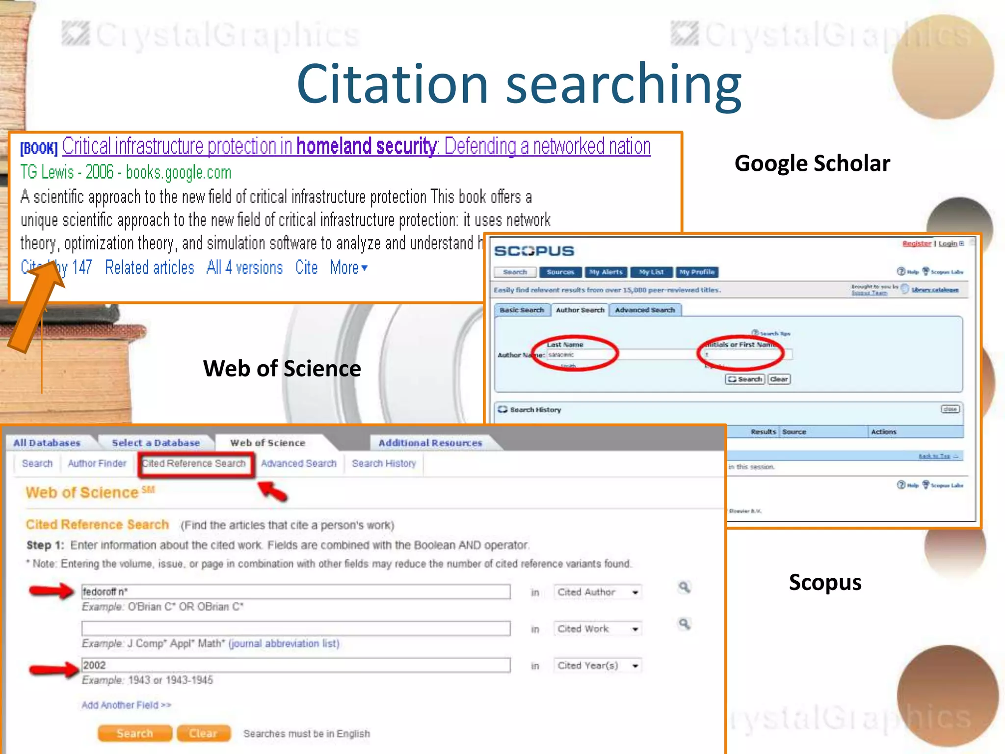 Citation searching
Google Scholar
Scopus
Web of Science
 
