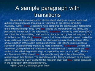 A sample paragraph withA sample paragraph with
transitionstransitions
Researchers have conducted studies about siblings of special needs andResearchers have conducted studies about siblings of special needs and
autistic children because this group is vulnerable to adjustment difficultiesautistic children because this group is vulnerable to adjustment difficulties
(Cuskelly, 1999).(Cuskelly, 1999). In factIn fact, specialists have compared the sibling-autism relationship, specialists have compared the sibling-autism relationship
to the MR relationship. They haveto the MR relationship. They have alsoalso studied the importance of the family, andstudied the importance of the family, and
particularly the mother, in this relationship.particularly the mother, in this relationship. In additionIn addition, Kaminsky and Dewey (2001), Kaminsky and Dewey (2001)
found that the autism-sibling relationship is characterized by less intimacy and pro-found that the autism-sibling relationship is characterized by less intimacy and pro-
social behavior. This studysocial behavior. This study likewiselikewise reports that these relationships were marked byreports that these relationships were marked by
fewer instances of quarreling. While this phenomenon may occur because of thefewer instances of quarreling. While this phenomenon may occur because of the
unique situation of the autism-sibling relationship, less fighting is also a positiveunique situation of the autism-sibling relationship, less fighting is also a positive
illustration of a relationship marked by more admiration.illustration of a relationship marked by more admiration. FurthermoreFurthermore, Rivers and, Rivers and
Stoneman (2003) define this relationship as asymmetrical. These results areStoneman (2003) define this relationship as asymmetrical. These results are alsoalso
similar to the MR-sibling relationship, as reported by Knott, et al. (1995). Riverssimilar to the MR-sibling relationship, as reported by Knott, et al. (1995). Rivers
and Stoneman (2003) reveal,and Stoneman (2003) reveal, tootoo, that parents worry about the autism-sibling, that parents worry about the autism-sibling
relationship in their families. The importance of the family’s influence on the autism-relationship in their families. The importance of the family’s influence on the autism-
sibling relationship is very useful for this research study andsibling relationship is very useful for this research study and thusthus, will be discussed, will be discussed
in the conclusion of the literature review.in the conclusion of the literature review.
~Ellen Geib, CU Writing Center Tutor~Ellen Geib, CU Writing Center Tutor
 