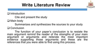 Why is a literature review important?
It justifies your research-shows it is worth doing
It sets your research within co...