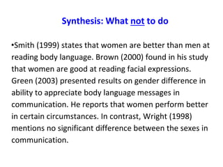 Synthesis: What not to do
•Smith (1999) states that women are better than men at
reading body language. Brown (2000) found in his study
that women are good at reading facial expressions.
Green (2003) presented results on gender difference in
ability to appreciate body language messages in
communication. He reports that women perform better
in certain circumstances. In contrast, Wright (1998)
mentions no significant difference between the sexes in
communication.
 