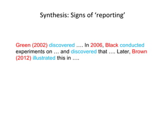 Synthesis: Signs of ‘reporting’
Green (2002) discovered …. In 2006, Black conducted
experiments on … and discovered that …. Later, Brown
(2012) illustrated this in ….
 