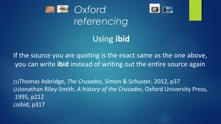Oxford
referencing
Using ibid
If the source you are quoting is the exact same as the one above,
you can write ibid instead of writing out the entire source again
(1)Thomas Asbridge, The Crusades, Simon & Schuster, 2012, p37
(2)Jonathan Riley-Smith, A history of the Crusades, Oxford University Press,
1995, p212
(3)ibid, p317
 
