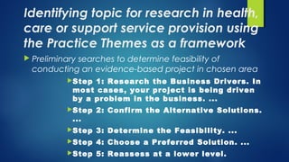 Identifying topic for research in health,
care or support service provision using
the Practice Themes as a framework
 Preliminary searches to determine feasibility of
conducting an evidence-based project in chosen area
Step 1: Research the Business Drivers. In
most cases, your project is being driven
by a problem in the business. ...
Step 2: Confirm the Alternative Solutions.
...
Step 3: Determine the Feasibility. ...
Step 4: Choose a Preferred Solution. ...
Step 5: Reassess at a lower level.
 