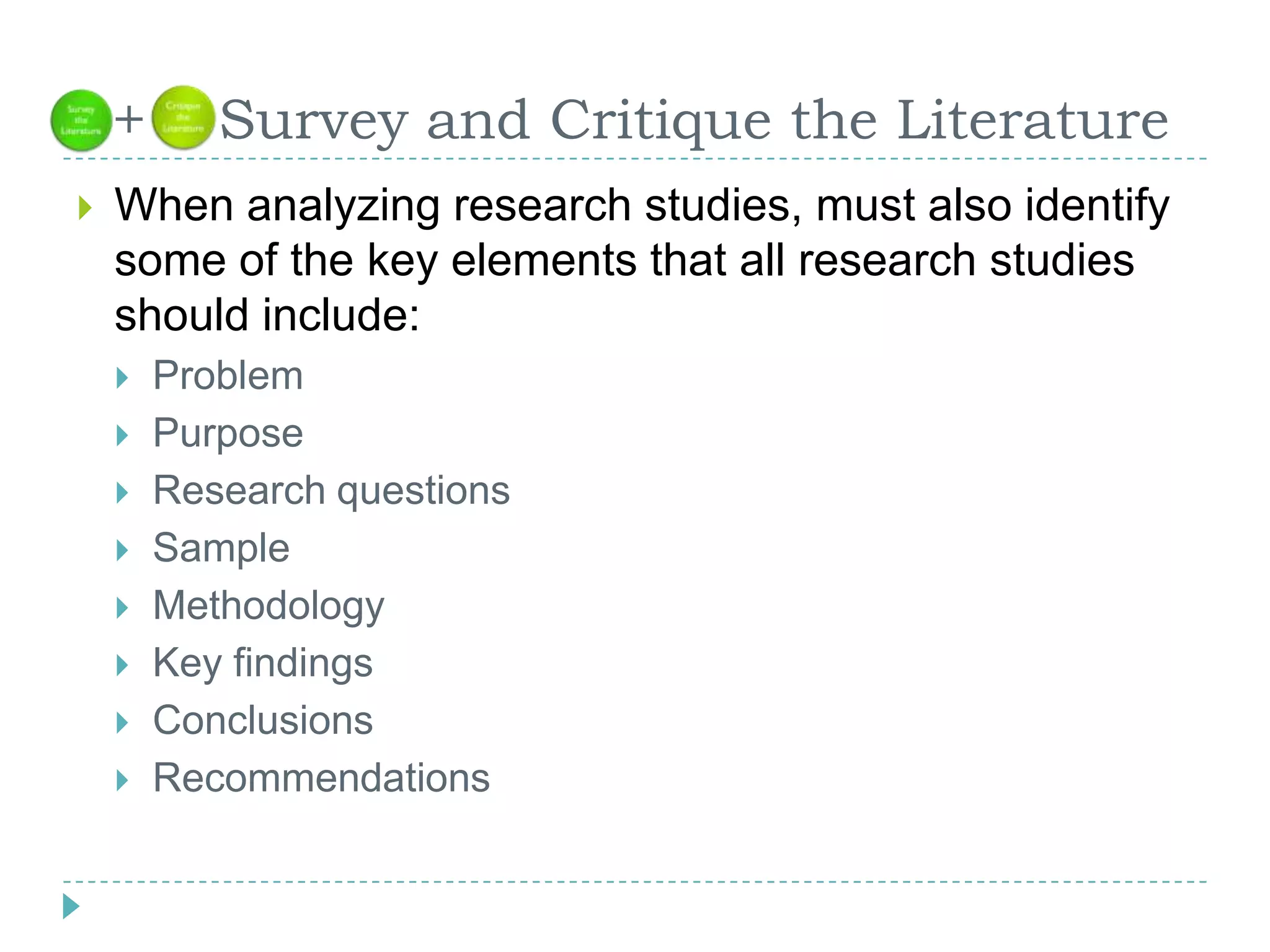   +    Survey and Critique the LiteratureWhen analyzing research studies, must also identify some of the key elements that all research studies should include:ProblemPurposeResearch questionsSampleMethodologyKey findingsConclusionsRecommendations