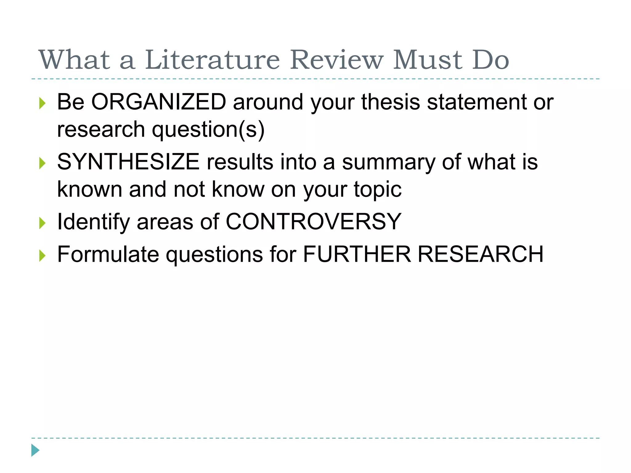 What a Literature Review Must DoBe ORGANIZED around your thesis statement or research question(s)SYNTHESIZE results into a summary of what is known and not know on your topicIdentify areas of CONTROVERSYFormulate questions for FURTHER RESEARCH