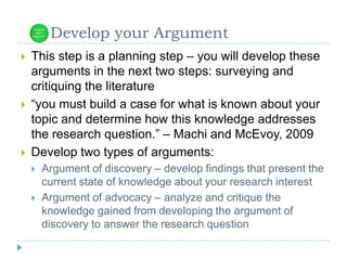       Develop your ArgumentThis step is a planning step – you will develop these arguments in the next two steps: surveying and critiquing the literature“you must build a case for what is known about your topic and determine how this knowledge addresses the research question.” – Machi and McEvoy, 2009Develop two types of arguments:Argument of discovery – develop findings that present the current state of knowledge about your research interestArgument of advocacy – analyze and critique the knowledge gained from developing the argument of discovery to answer the research question