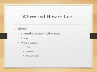 Where and How to Look
• PubMed
• Library Databases A-ZPubMed
• Limits
• What it searches
• Title
• Abstract
• Subject terms
 