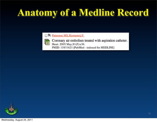Anatomy of a Medline Record




                                       13

Wednesday, August 24, 2011
 