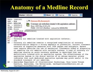Anatomy of a Medline Record



                field tag




                                       13

Wednesday, August 24, 2011
 