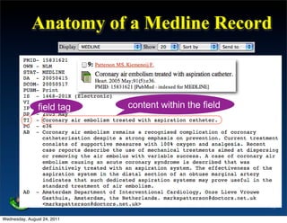 Anatomy of a Medline Record



                field tag    content within the field




                                                        13

Wednesday, August 24, 2011
 