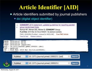 Article Identifier [AID]
            • Article identifiers submitted by journal publishers
                     doi (digital object identifier)




                                                                47

Wednesday, August 24, 2011
 