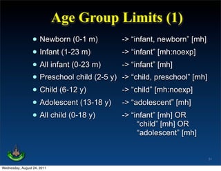 Age Group Limits (1)
                 • Newborn (0-1 m)           -> “infant, newborn” [mh]
                 • Infant (1-23 m)           -> “infant” [mh:noexp]
                 • All infant (0-23 m)       -> “infant” [mh]
                 • Preschool child (2-5 y)   -> “child, preschool” [mh]
                 • Child (6-12 y)            -> “child” [mh:noexp]
                 • Adolescent (13-18 y)      -> “adolescent” [mh]
                 • All child (0-18 y)        -> “infant” [mh] OR
                                                  “child” [mh] OR
                                                  “adolescent” [mh]


                                                                          51

Wednesday, August 24, 2011
 