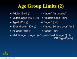 Age Group Limits (2)
               • Adult (19-44 y)       -> “adult” [mh:noexp]
               • Middle aged (45-64 y) -> "middle aged” [mh]
               • Aged (65+ y)          -> “aged” [mh]
               • 80 and over (80+ y) -> "aged, 80 and over” [mh]
               • All adult (19+ y)     -> “adult” [mh]
               • Middle aged + Aged (45+ y) -> “middle “aged” [mh]
                                                   OR
                                                       aged”[mh]




                                                                52

Wednesday, August 24, 2011
 